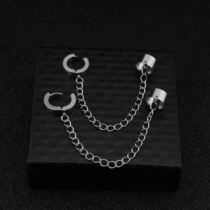 Personality Design Double Stainless Steel Chain Clip Earrings for Men Women Harajuku Hip Hop Punk Ear Cuff Jewelry Fake Piercing