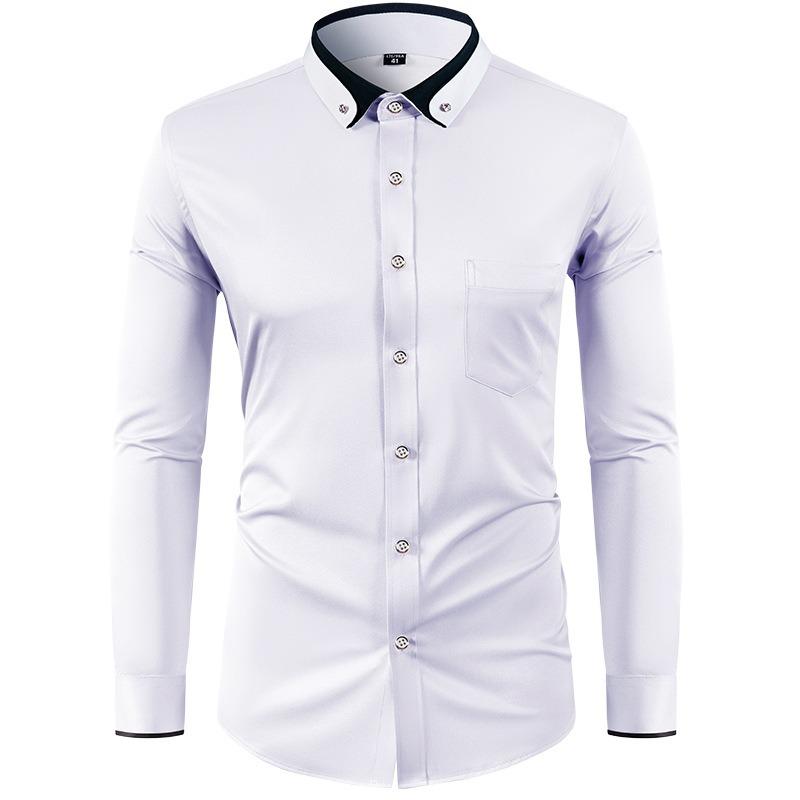 Men's Long Sleeve Stretch Shirt, Slim Fit Solid Color Shirt with Contrast Collar and Rhinestone Buttons, Button-Up Shirt Top