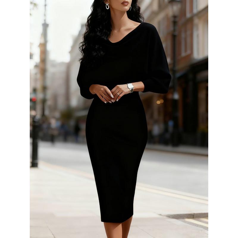 2025 European & American Autumn/Winter Batwing Long Sleeve Waist-Cinching Slim Dress