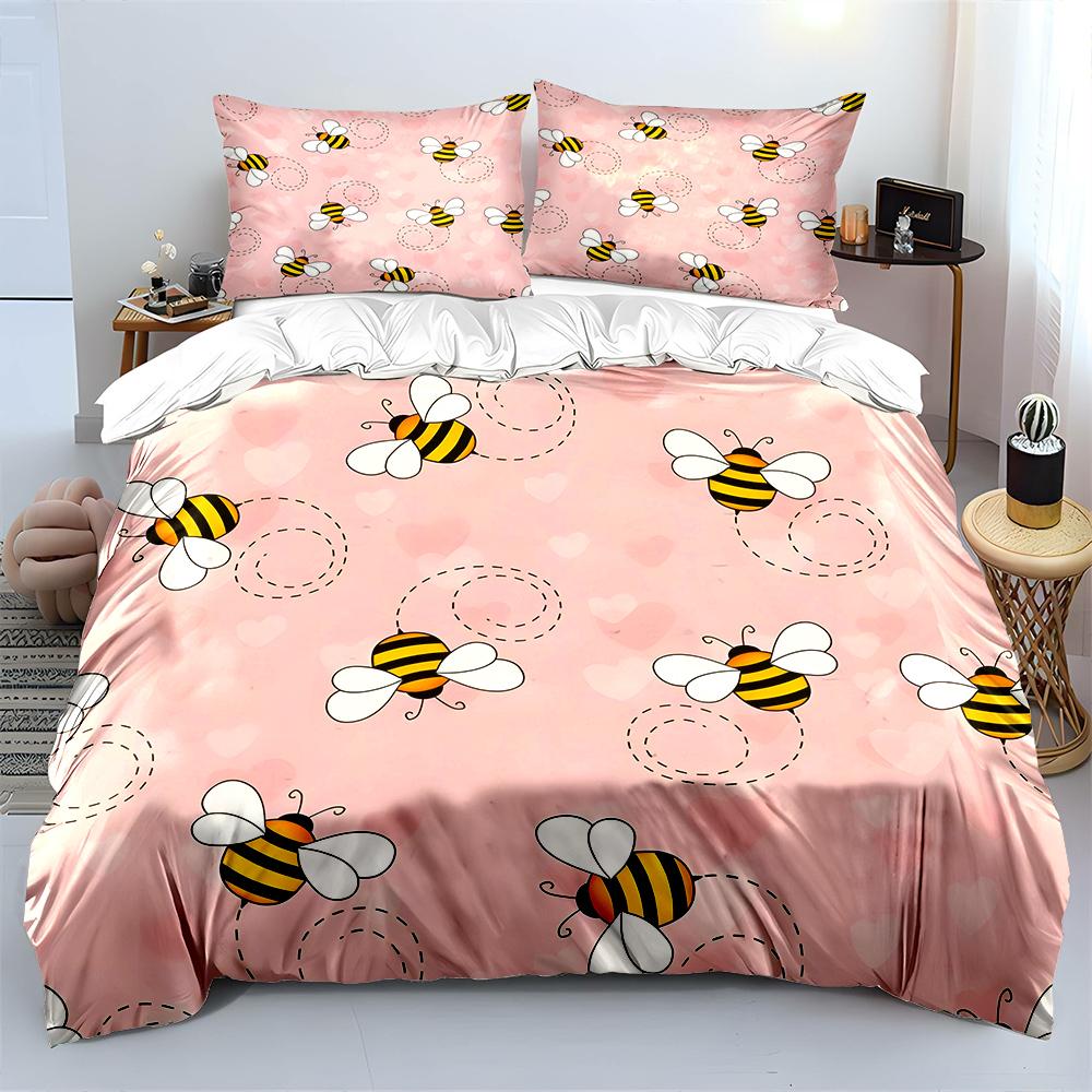 Cartoon bees pink background Bedding Set for Kids Luxury Gift 3pcs Digital Print Comforter Set Soft Comfortable Breathable
