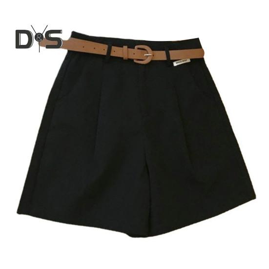 Women Summer Shorts A line Solid Color With Belt High Waist Suit Shorts Loose Pockets Zipper Button Closure Lady Dating Commute Shorts
