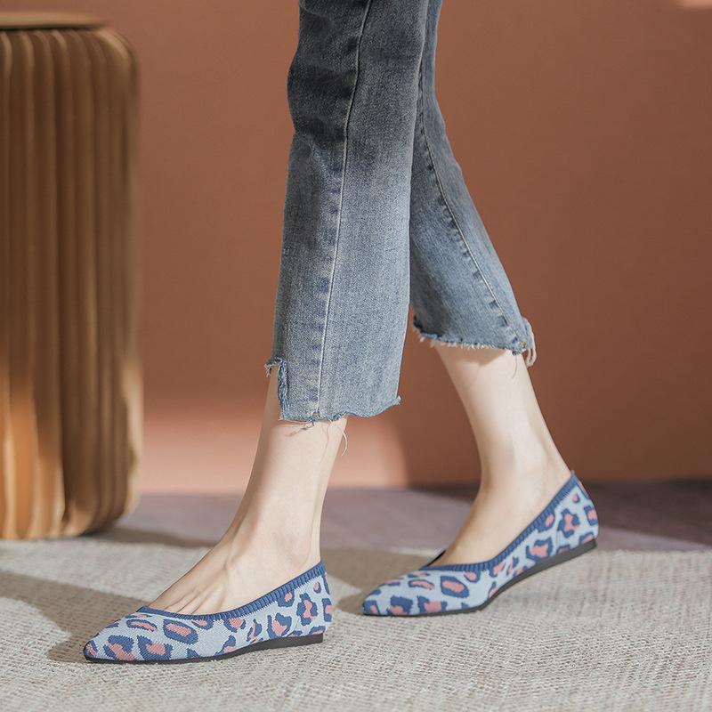 Fashion Stretch Fabric Flats Woman Spring Ballets Shoes Breathable Moccasines Pointed Toe Loafers Female Fly Weaving Leopard Ballerinas