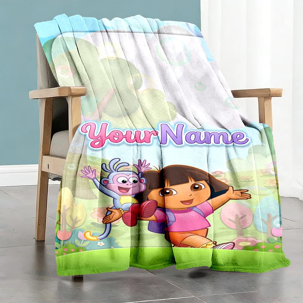Dora Explorer Personalized Text Blanket Cozy Customizable Blanket Warmthful Decor for Couch Nap Bedding Chair Four Seasons Universal