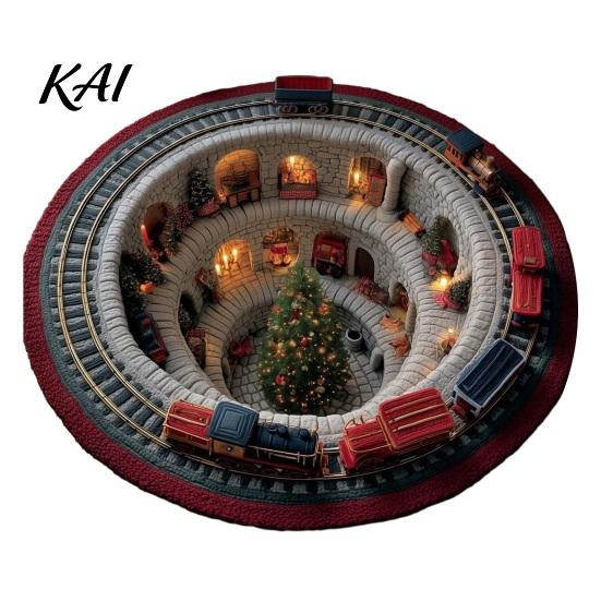 Indoor Christmas Rug 3D Round Rug, Optical Illusion Santa Claus Area 39 Holiday Decorative Inch Quilted-Like Floor Mat for Living Room Bedroom