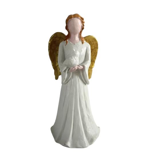 Angel Figurine, Resin Gold Wing Angel Statue, White Skirt Faceless Angel Holding Pigeon, Hand-Painted Home Decor