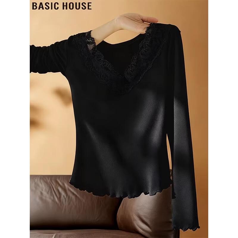 Basic House Women s V-Neck Lace Long Sleeve T-Shirt L