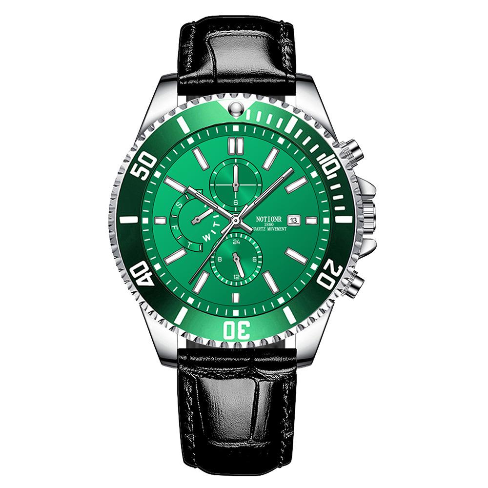 

Модний чоловічий кварцовий годинник Повсякденний годинник Годинник із кількома циферблатами Великий цифровий годинник Календар Годинник Шкіряний ремінець зелений/срібний