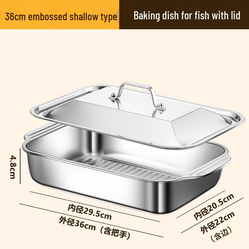Rectangular Stainless Steel Deep Dish Grilled Fish Pan with Lid for Induction Cooktops - Ideal for Crayfish and Barbecue.