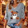 Women's V-Neck Halloween Print Casual Three-Quarter Sleeve Top