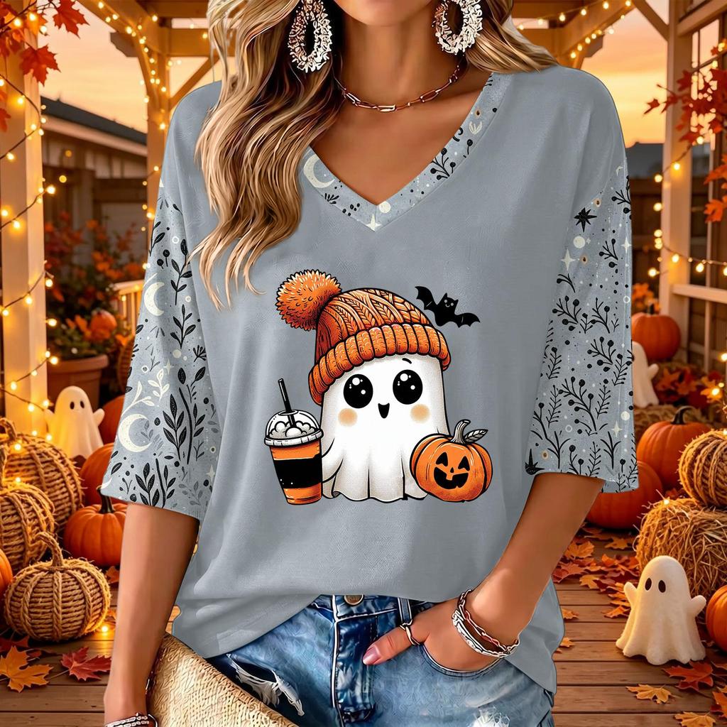 Women's V-Neck Halloween Print Casual Three-Quarter Sleeve Top