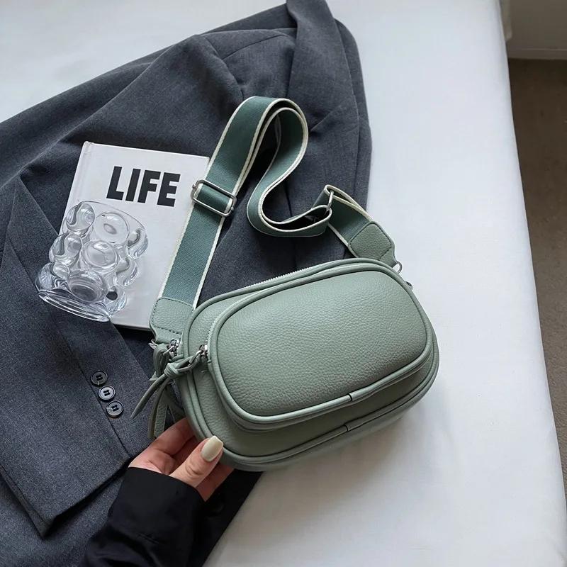 Fashionable Multi-layer Small Round Bag Versatile Soft Leather Shoulder Bag Version Wide Shoulder Strap Messenger Bag