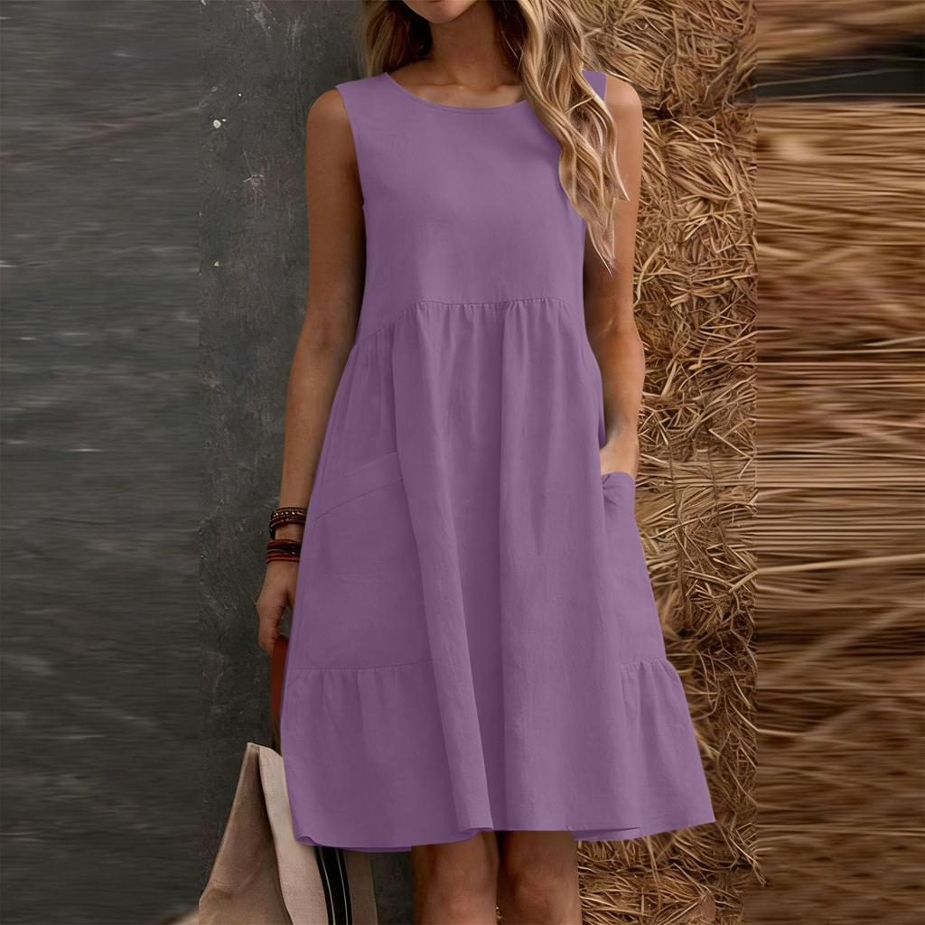 Women's Sleeveless Casual Sundress Cotton Linen A Line Dress with Pockets Summer Relaxed Fit Crew Neck Dress