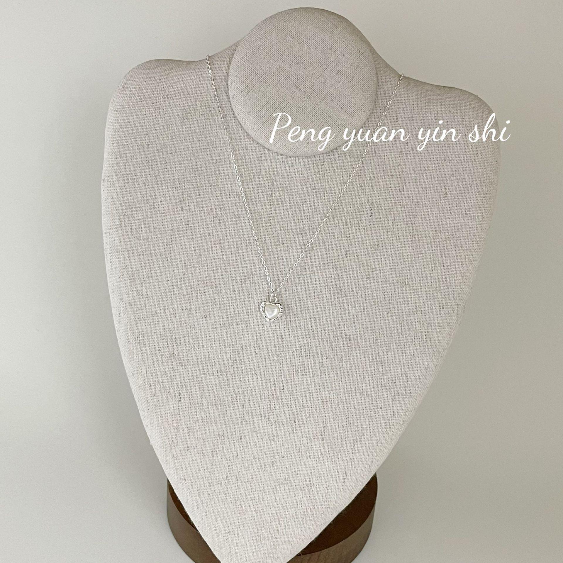 Sterling Silver Mother-of-Pearl Heart Necklace - Sweet Peach Design Clavicle Chain 925 Silver