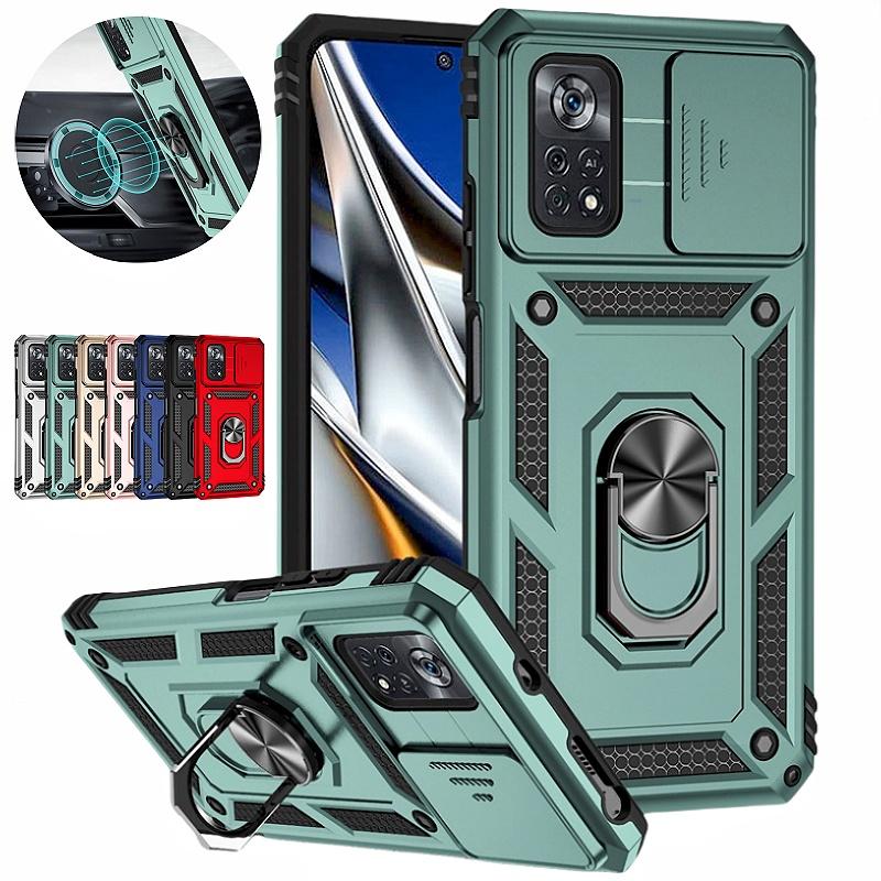 For Xiaomi Poco X4 Pro 5G Case Armor Slide Lens Protect Cover For Poko Little X4 Pro X4Pro PocoX4Pro Ring Stand Shockproof Funda