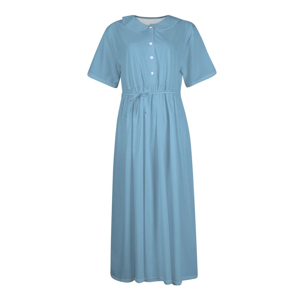 Damenmode Farbe Revers Kragen Knopf Kurzarm Kleidung Träger Kleid