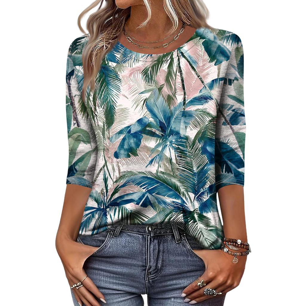 Women's Fashionable Casual Round Neck Three-Quarter Sleeve Printed T-Shirt Top