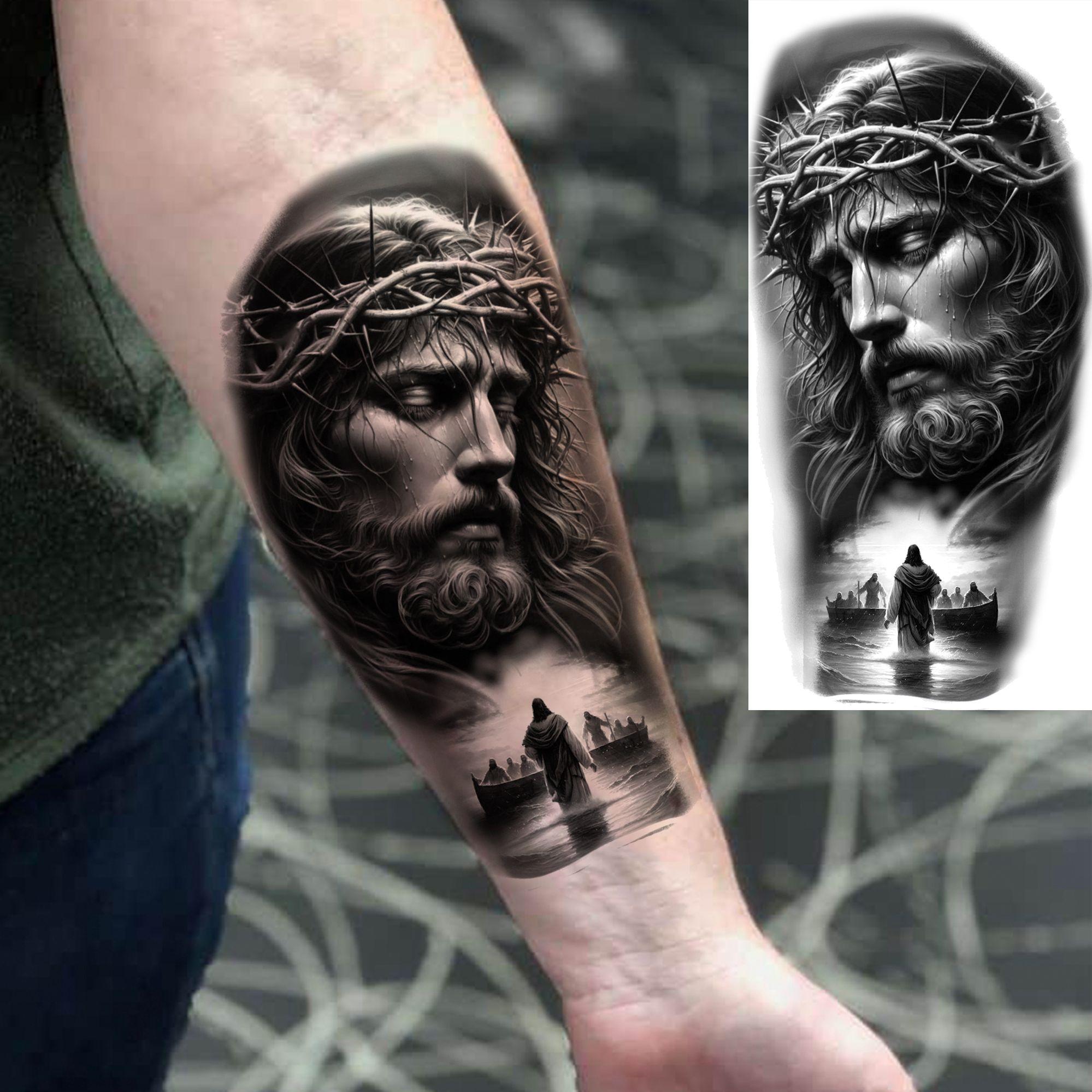 1 Foaie Iisus Hristos Creștin Tatuaje Temporare Pentru Bărbați Adulți Braț Antebraț Picior Dumnezeu Religie Autocolant Tatuaj Fals Transferabil China Mainland gray