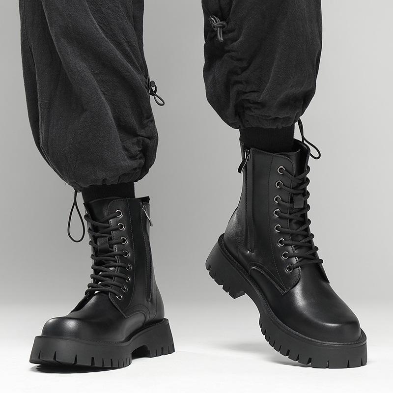 Mode Schwarze Herrenstiefel Klassischer Dicksohlen-High-Top-Stil Outdoor-Freizeit täglich Party Erwachsener Motorrad-Qualitätsschuhe Übergröße 38-48