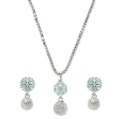Rhodium-Plated Silver Toned Green Cubic Zirconia Studded Floral Shaped Cute Pendant with Earrings Jewellery Set for Girls and Women