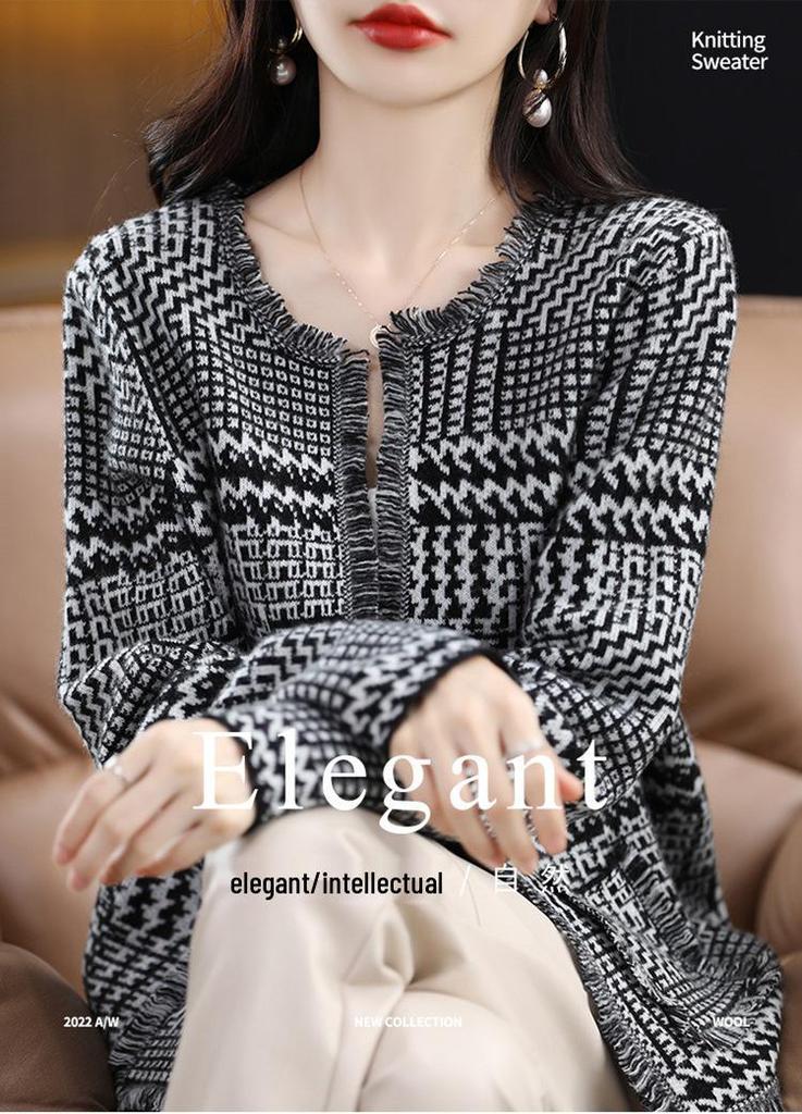 Women's French Chic Wool Houndstooth Cardigan - Autumn/Winter Thick Knit Tassel Coat