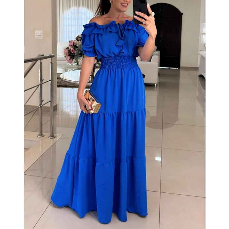 Women's Fashion Summer Spring Solid Color Print Short Sleeve One Shoulder High Waist Casual Dresses