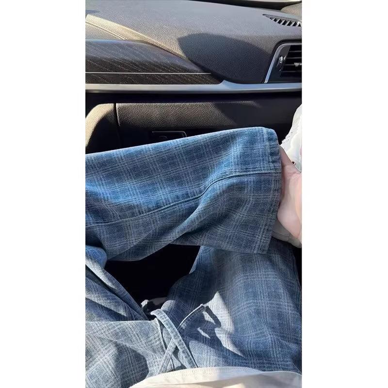 American Retro Blue Plaid Jeans Men's Spring Design Sense High-end Slightly Pull Pants Loose Wide-leg Pants