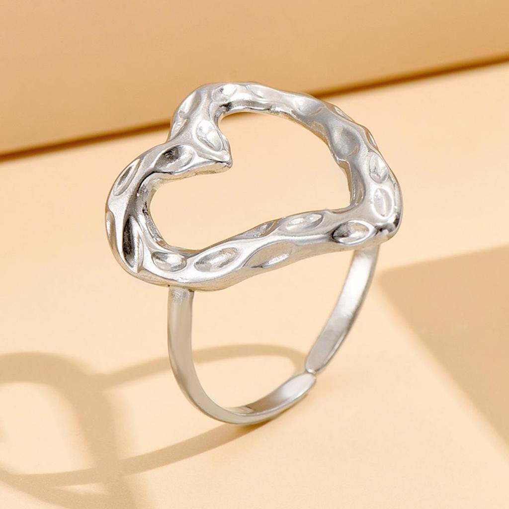 Adjustable Heart-Shaped Stainless Steel Ring with Retro Baroque Design and Irregular Texture
