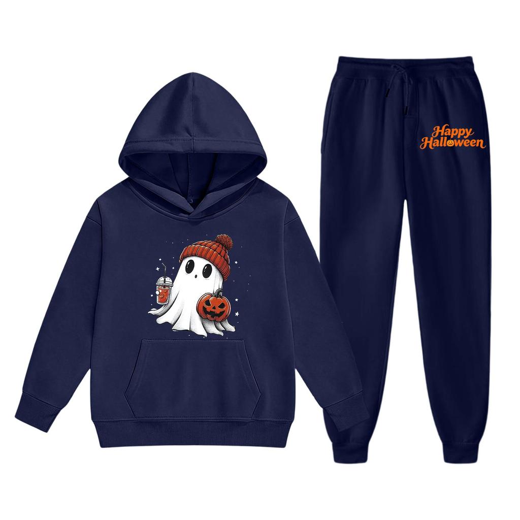 Kids Halloween Hoodie and Pants Set Soft Comfortable Fabric Long Sleeve Pullover with Ghost Pumpkin Print Suitable for Fall and Halloween Events