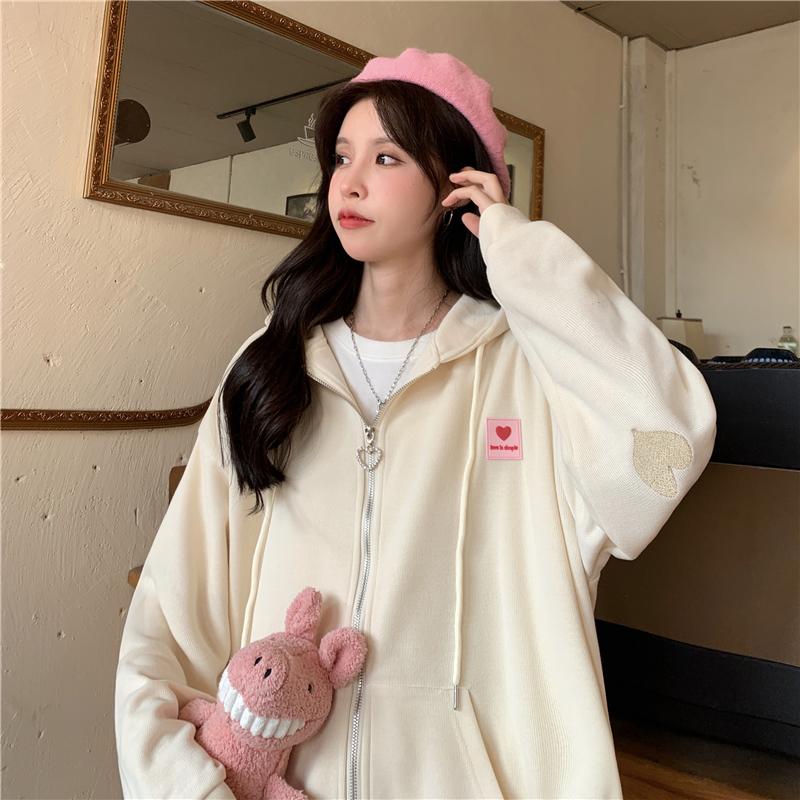Korean Cardigan Sweatshirt Womens Hooded Autumn Thin Coat Female Zipper Apricot Hoodies Streetwear