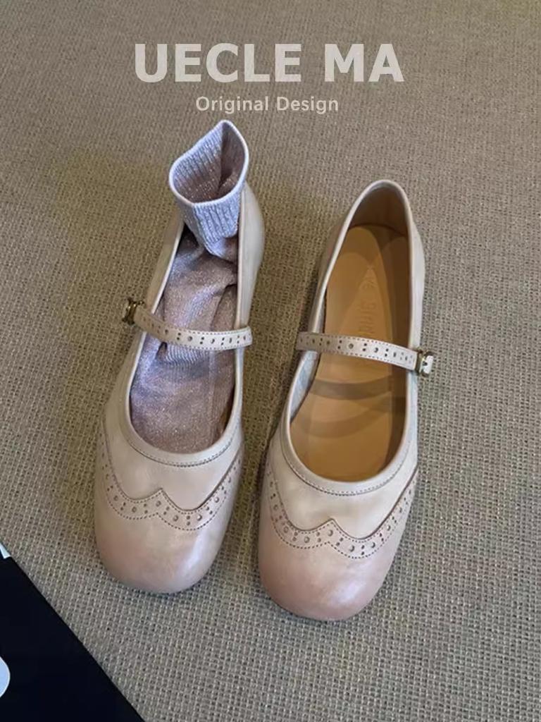 Cowhide~ Genuine Leather French Single Shoes Women's Flat 2025 New Models with Skirts, Ballet Shoes, Retro Engraved Mary Jane Shoes