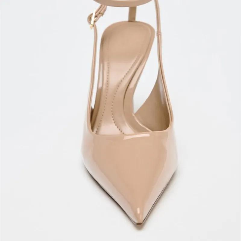 Fashion Nude Patent Leather Ankle Strap Buckle Women Pumps Sexy Pointed Toe Stiletto Heels Summer Stiletto Heels Party Shoes Sandalias