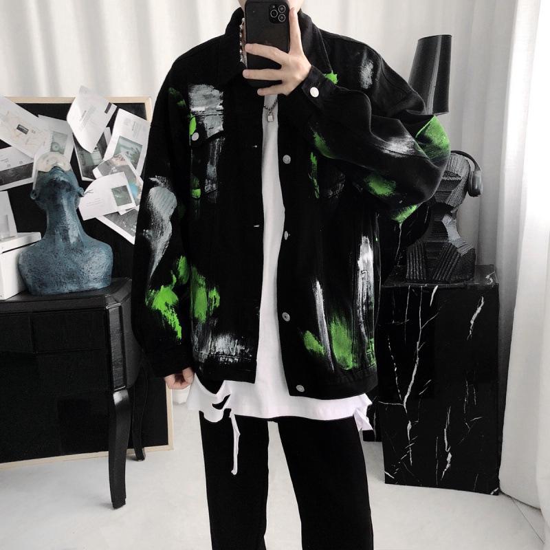 

Темный стиль Повседневная джинсовая куртка мужская весна и осень Граффити свободная рабочая куртка корейский стиль модная одежда M чёрный