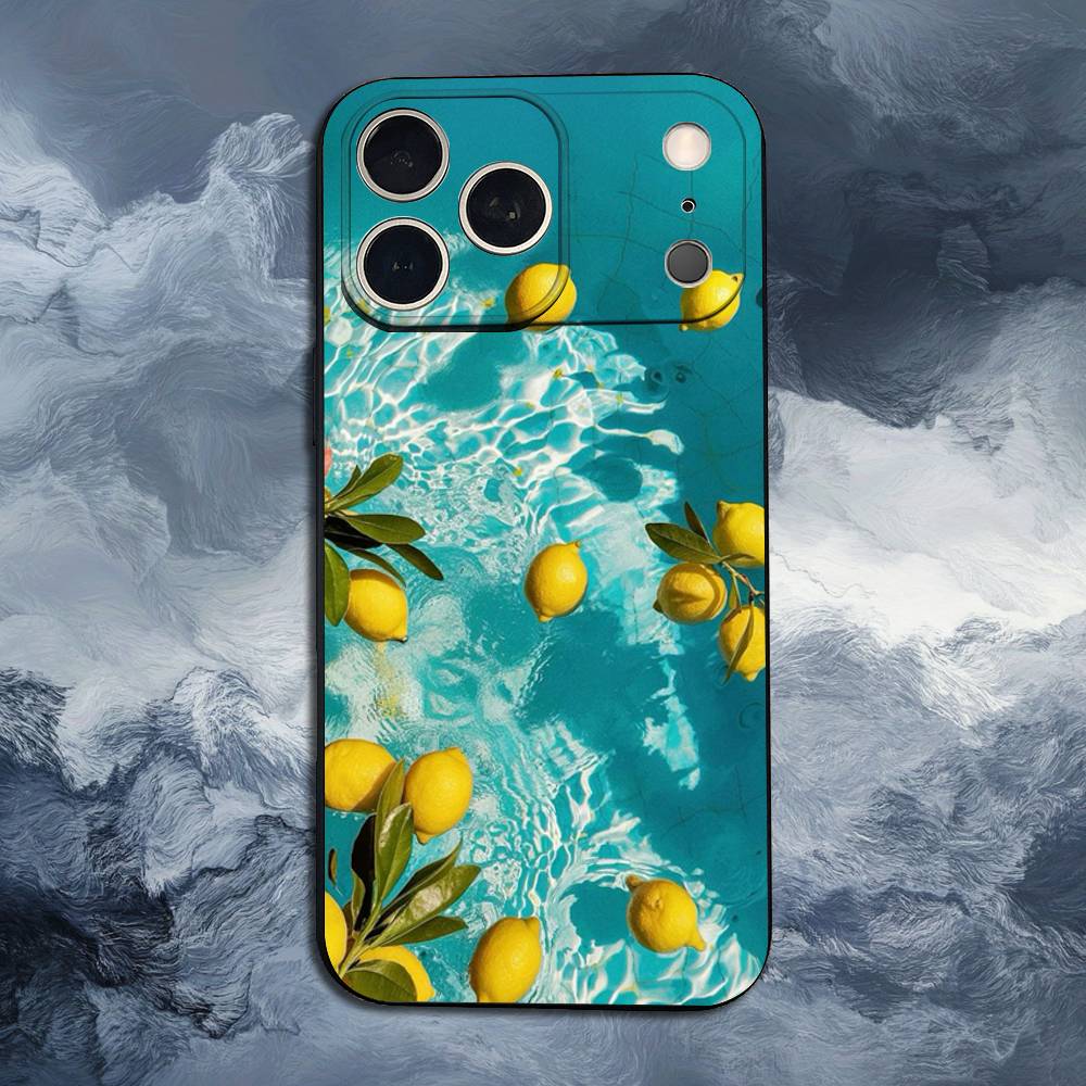 Fruit lemon Painting For iPhone 8,7,11,12,15,14,13,16,17,Plus,Pro Max,XS,X,XR,SE,Mini,Soft Silicone Black Case