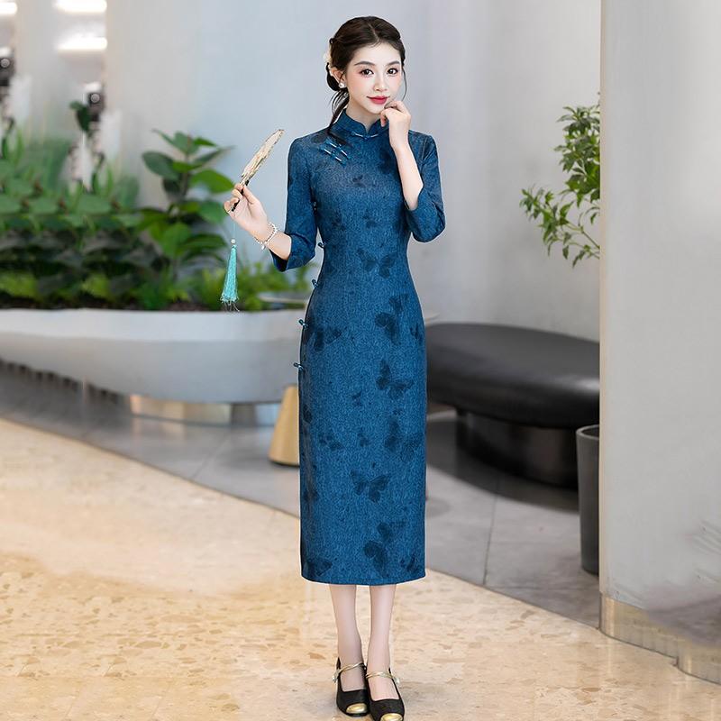 Purple Vintage-Inspired Long Sleeve Qipao Dress Women Slim Fit Wear Stand Collar Design