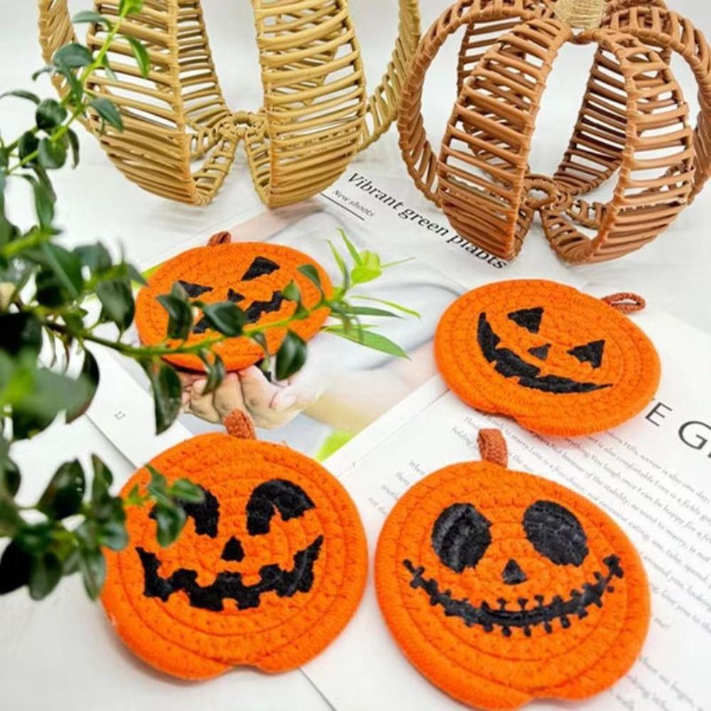 4/8Pcs Handwoven Pumpkin Shaped Coasters Creative Non-Slip Cup Mat  Halloween Decor