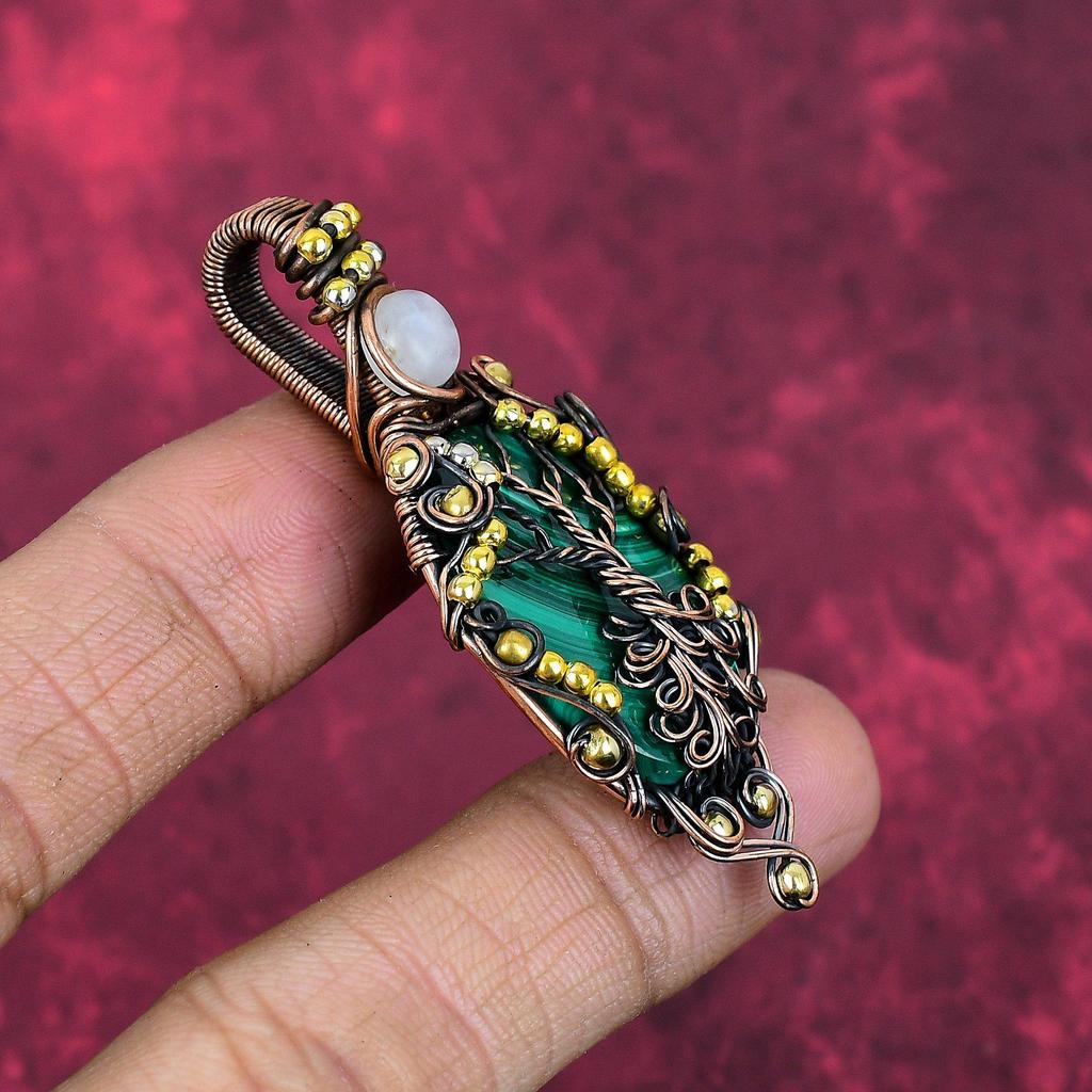 Tree of life malachite pendant copper wire wrapped pendant rainbow moonstone pendant gemstone copper jewelry handmade pendant gifts for wife