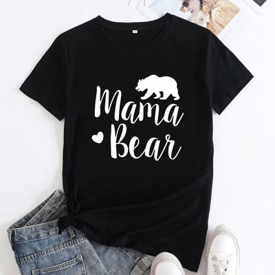 Sommer Freizeit Mama Bär Bedruckte Rundhals Locker Baumwolle Kurzarm T-Shirts Damen