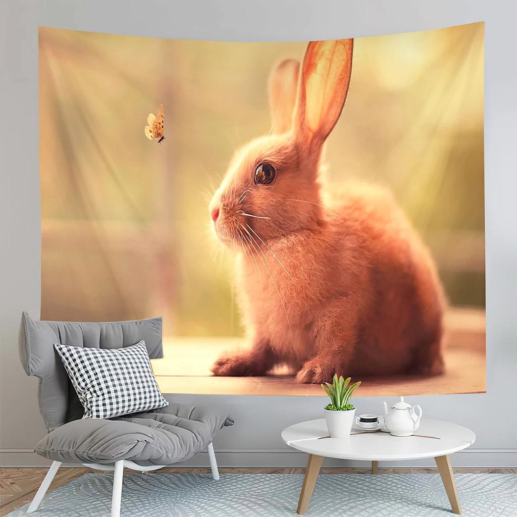Cute Farm Rabbit Tapestry Grey Rabbit Tapestry Creative Style Tapestry Art Wall Hanging Home Living Room Bedroom Dorm Tapestries