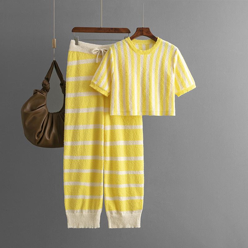 Summer new striped crew neck short top casual knitted sweater, suit women