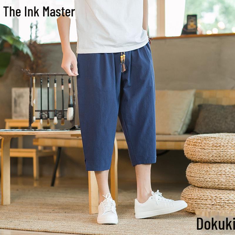 Lässige Herren-Haremshose aus Leinen im chinesischen Stil - Sommerliche leichte Weitbein-Cropped-Hose