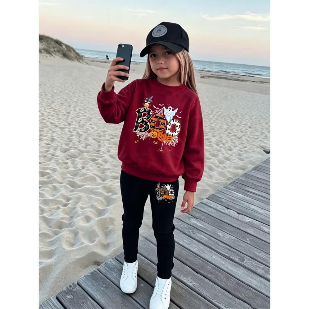 Girls' Halloween Boo Casual Comfortable Soft Loose Pullover Sweatshirt and Leggings 2-Piece Set, New Autumn/Winter, Playful, Sweet and Cool Style