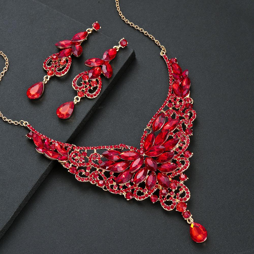 

New accessories: European and American style accessories, fashion red rhinestone set, necklace, earrings, ins jewelry