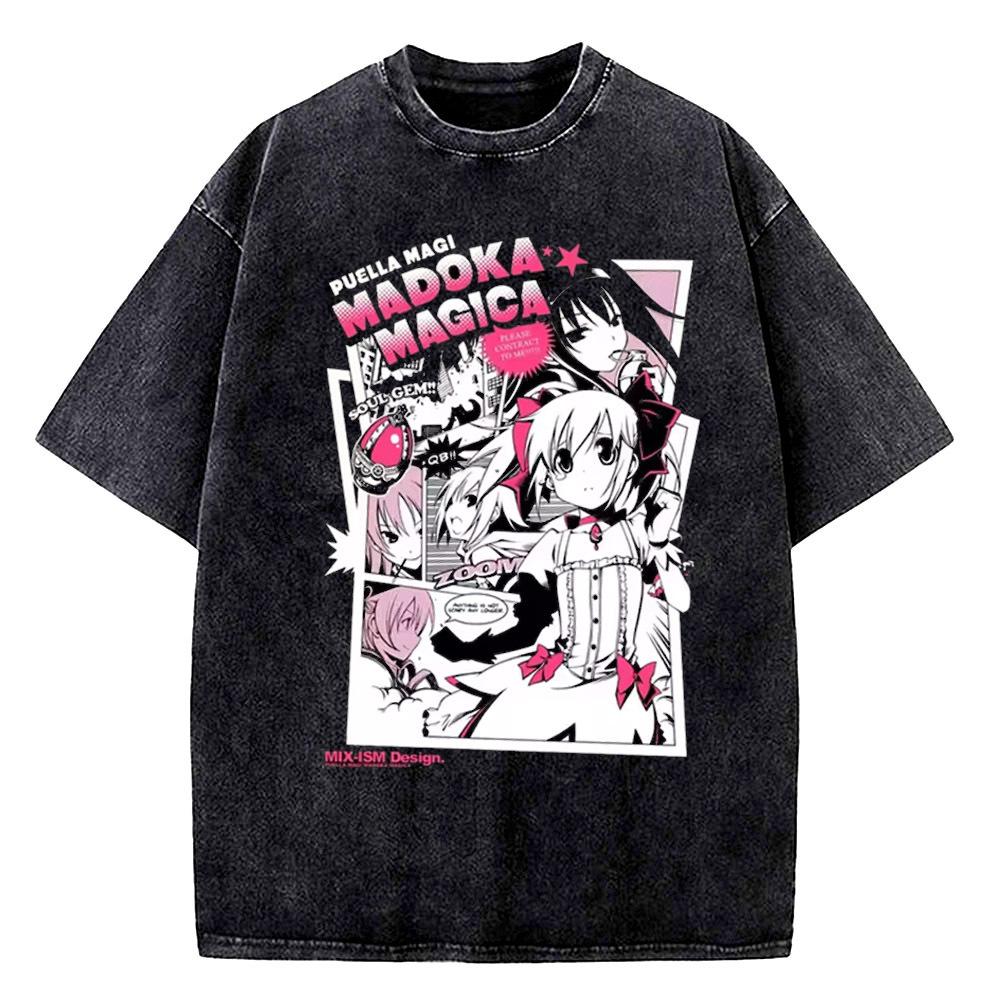 Madoka Magica Vintage Washed cotton top tees teen Colorful aesthetic Breathable Classic Graphic streetwear Pastel 2000s Y2k