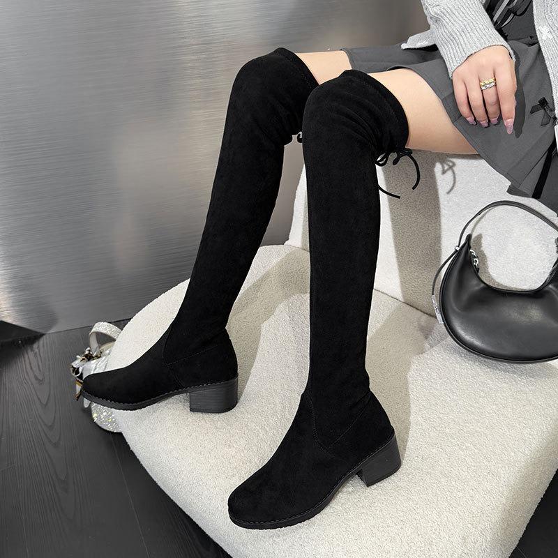 Knee boots for women's autumn and winter new thick heel velvet elastic boots warm versatile long tube thin boots for women