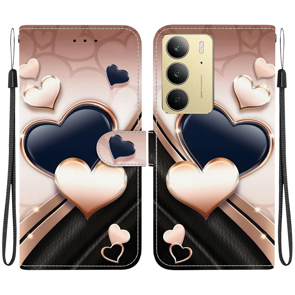 Ručně vyráběné PU kožené flipové pouzdro pro Realme C75 / Realme C75 4G Protiskluzový nárazuvzdorný kryt s poutkem na zápěstí a designy srdce/růže/kočka