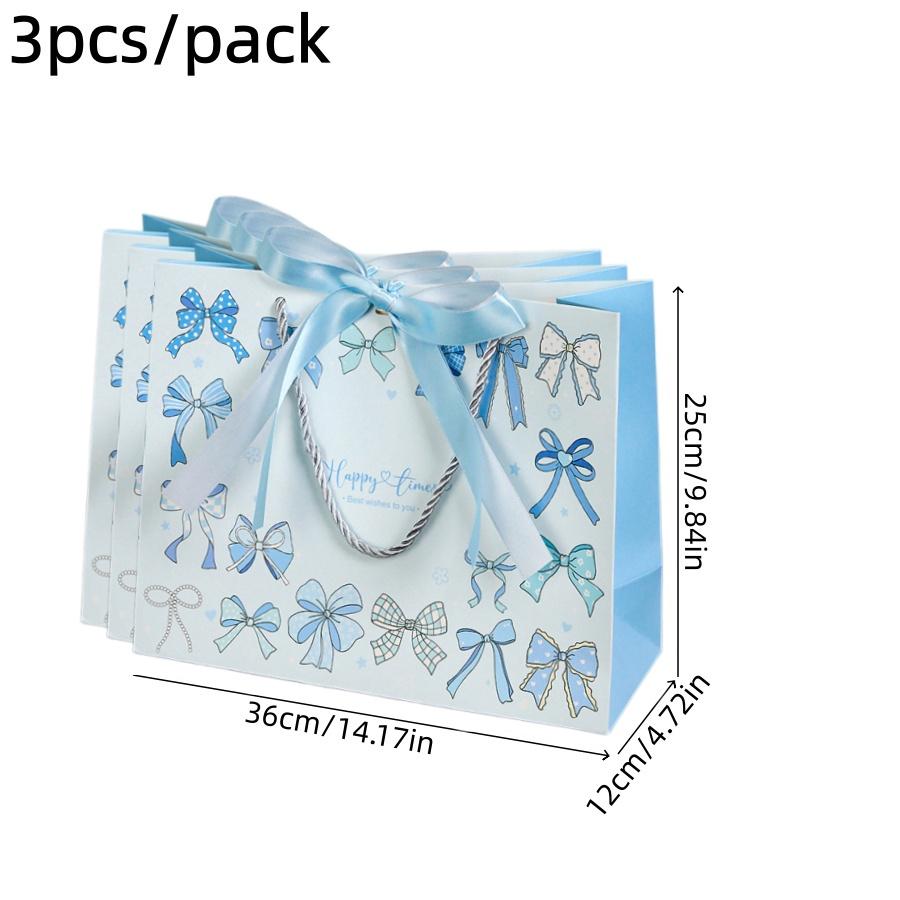3pcs/pack Gift Paper Bags Pink Blue Bow Ribbon Handle Kraft Paper Party Present Packaging Bags for Birthday Wedding Baby Shower