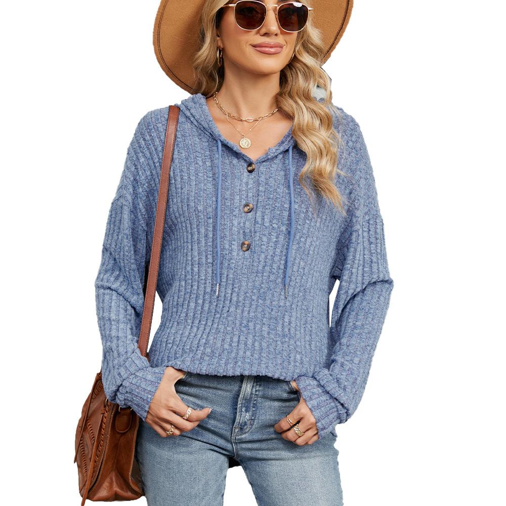 Autumn and Winter New Solid Color Hooded Button Versatile Style Solid Color Loose Long Sleeved Sweatshirt Women's Clothing