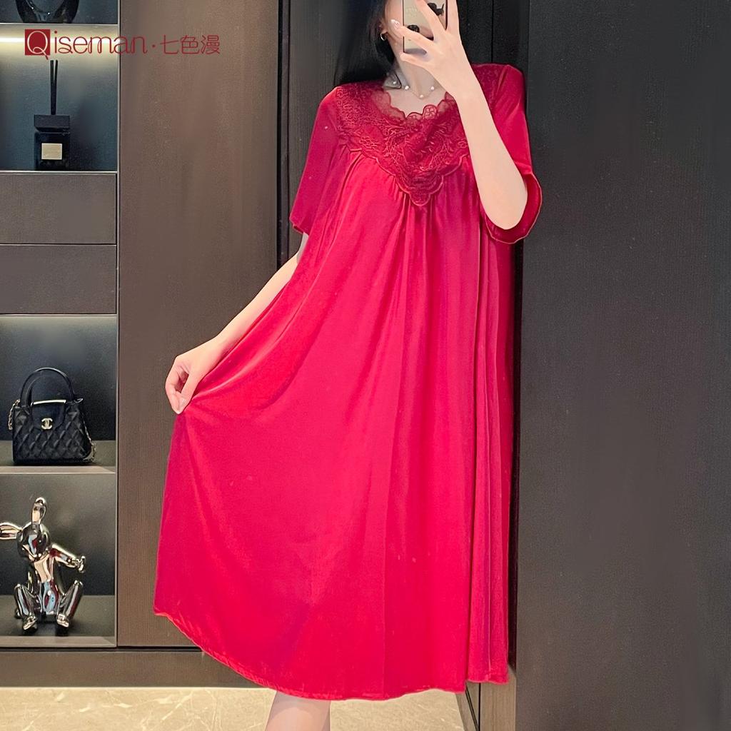 New French lace simple and sweet nightdress women's long high-end home short-sleeved women's loungewear pajamas summer