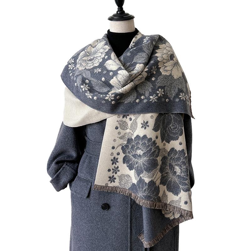 Retro Printing Flower Temperament Simple And Versatile National Style Scarf Shawl Cape Warm Jacquard Women'S High-End Trend