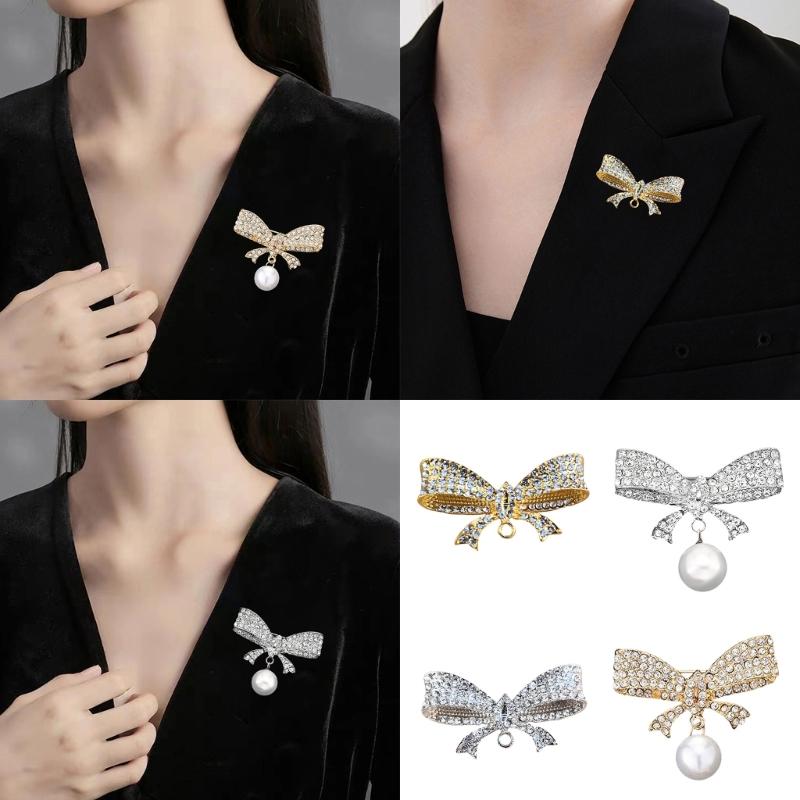 Elegant Crystals Bowknot Brooch Alloy Jewelry Accessory for Women Gift